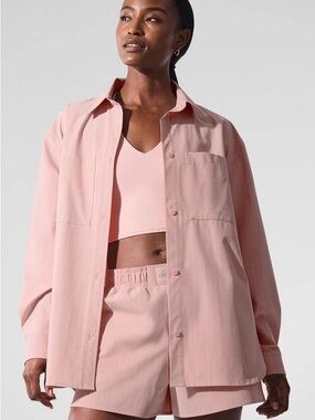 ALO Yoga Pinstripe Daylight Button-Down Shirt Pink Quartz